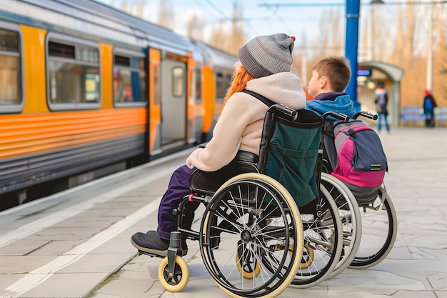 Jonge gehandicapten in een rolstoel wachten op de trein om het station binnen te gaan