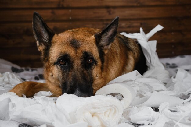 Jonge gekke hond maakt thuis rotzooi