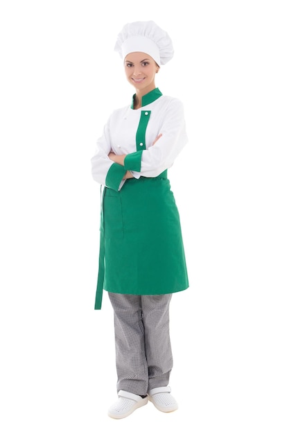 Jonge gelukkig chef-kok vrouw in uniform volledige lengte geïsoleerd op een witte achtergrond