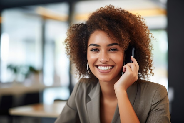 Jonge, gelukkige, gemengde zakenvrouw op een telefoontje op het werk.