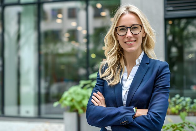 Jonge, gelukkige, mooie, glimlachende, professionele zakenvrouw die buiten op straat staat met de armen gekruist.