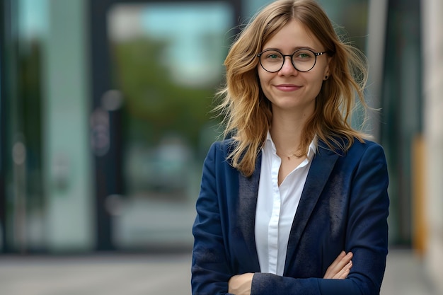 Jonge, gelukkige, mooie, glimlachende, professionele zakenvrouw die buiten op straat staat met de armen gekruist.