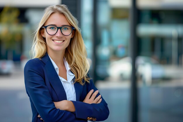 Jonge, gelukkige, mooie, glimlachende, professionele zakenvrouw die buiten op straat staat met de armen gekruist.