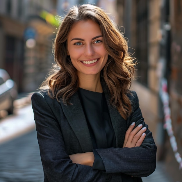 Jonge gelukkige mooie glimlachende professionele zakenvrouw gelukkige zelfverzekerde positieve vrouwelijke ondernemer