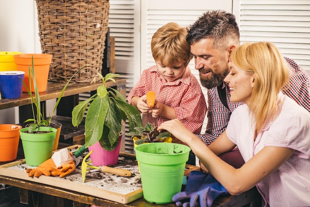 Jonge gelukkige ouders moeder vader met kind groeiende plant in pot Vrolijke drie mensen met schattig kind genieten van weekendvakanties Kleine schattige jongen helpt zijn ouders Gelukkige familie die spruit in een plantpot plant