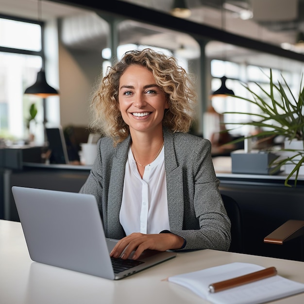 Jonge gelukkige professionele zakenvrouw werknemer zittend aan een bureau dat op laptop werkt