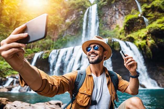 jonge gelukkige reiziger man reiziger met smartphone selfie te nemen op de waterval jonge gelukkige reiziger