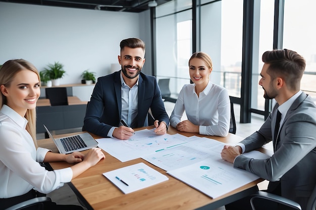 Jonge gelukkige uitvoerend manager houdt een zakelijke vergadering met haar collega's in het kantoor en op zoek