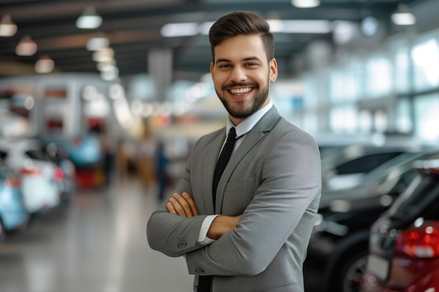 Jonge gelukkige verkoper die bij een autodealer werkt en naar de camera kijkt.