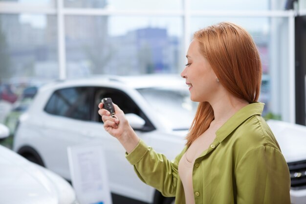 Jonge gelukkige vrouw die naar de autosleutel in haar hand kijkt, opgewonden na het kopen van een nieuwe auto