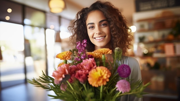 Jonge gelukkige vrouw houdt een boeket bloemen in haar handen