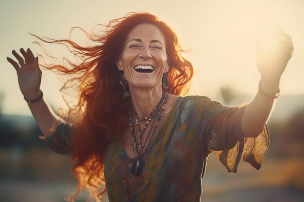 Foto jonge gelukkige vrouw met lang rood haar gegenereerd door ai