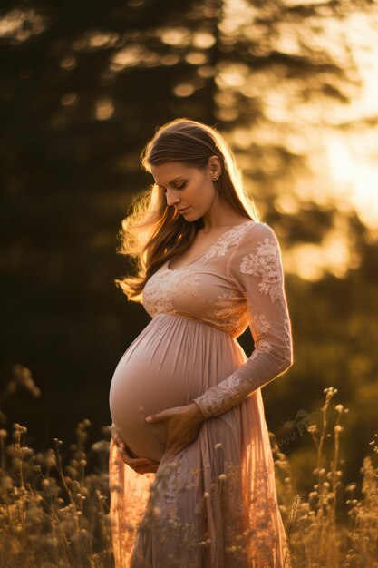 Jonge gelukkige zwangere vrouw met een grote buik in de zonsondergang natuur zwangerschap moederschap Generatieve ai