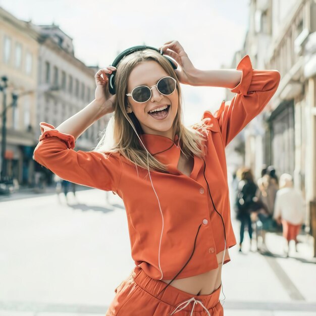 Jonge gemakkelijke gelukkige hipster Vrouw dans Plezier in stijlvolle mode-hoofdtelefoon