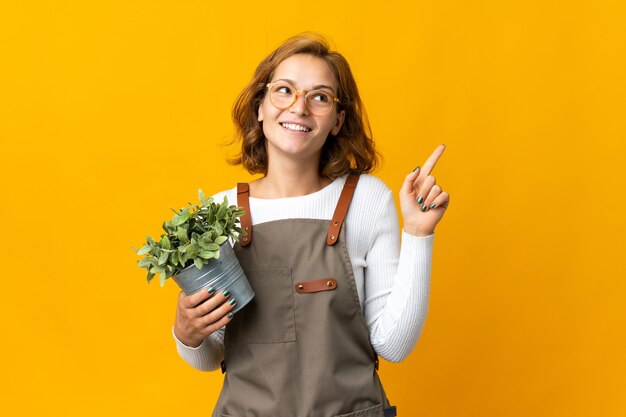 Jonge Georgische vrouw die een plant houdt die op gele muur wordt geïsoleerd die een geweldig idee benadrukt