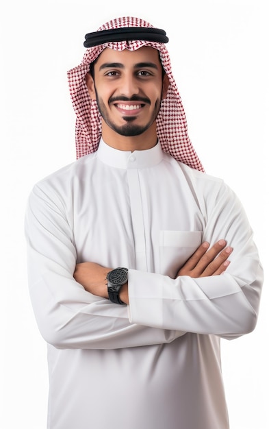 Foto jonge glimlachende arabische saoedische man met gekruiste armen voor een witte achtergrond