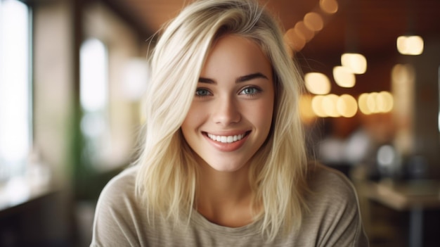 Jonge glimlachende blonde vrouw die zich voordeed op zachte wazige achtergrond Generatieve AI