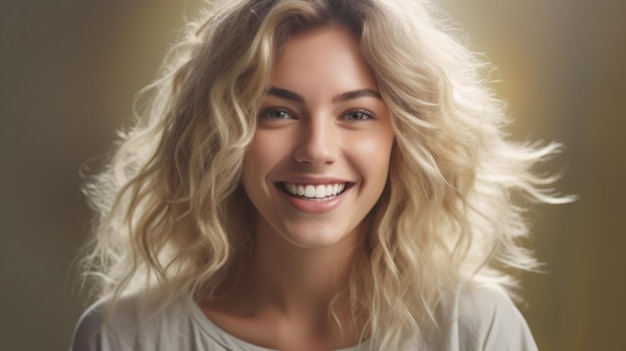 Jonge glimlachende blonde vrouw die zich voordeed op zachte wazige achtergrond Generatieve AI