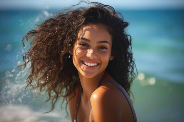 Jonge glimlachende vrouw aan de Caribische kust