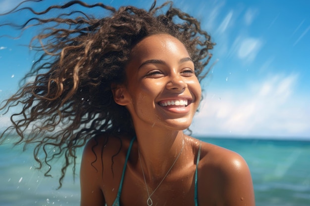 Jonge glimlachende vrouw aan de Caribische kust