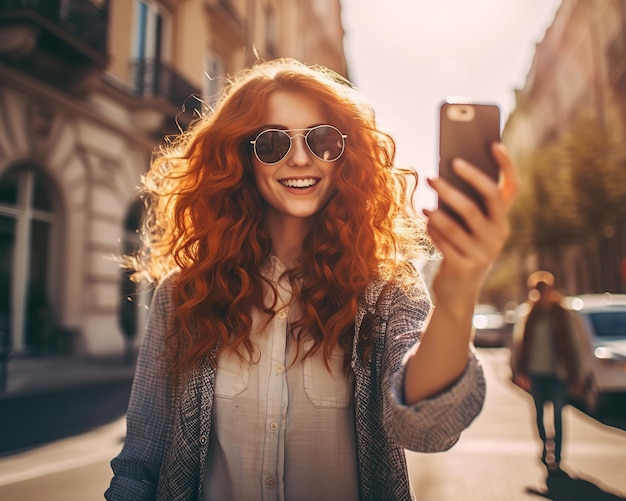 Jonge glimlachende vrouw die selfie op smartphone maakt Generatieve AI