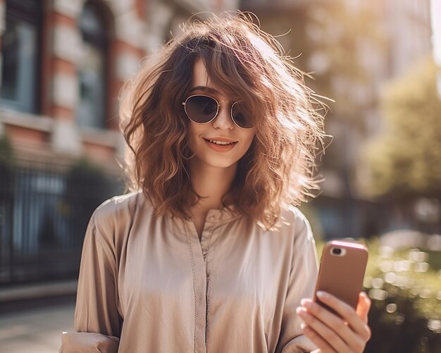 Jonge glimlachende vrouw die selfie op smartphone maakt Generatieve AI