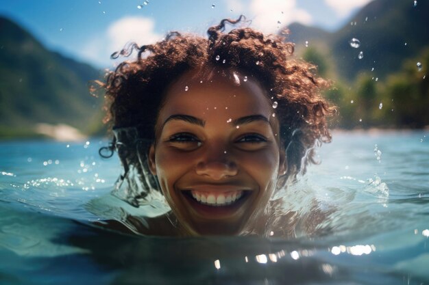 Jonge glimlachende vrouw in het water aan de Caribische kust