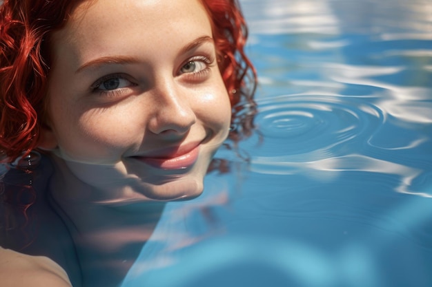 Jonge glimlachende vrouw in het zwembad.