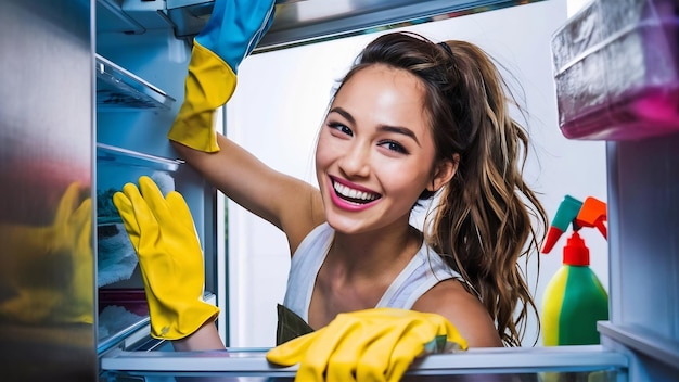 Jonge glimlachende vrouw met rubberen handschoenen die de koelkast schoonmaakt
