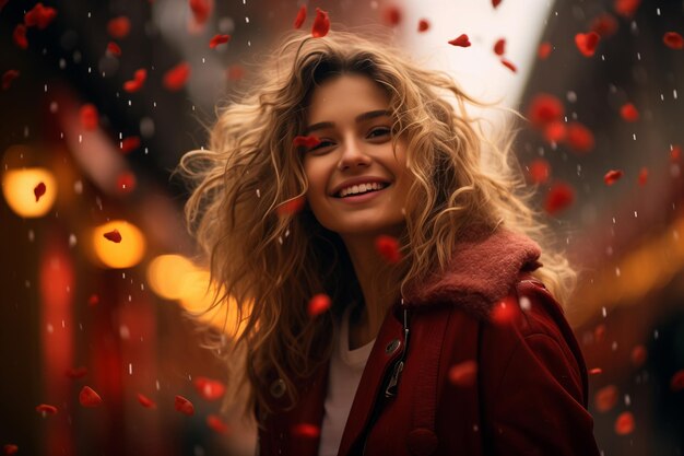 jonge glimlachende vrouw onder de regen van harten liefde Valentine's DayxA