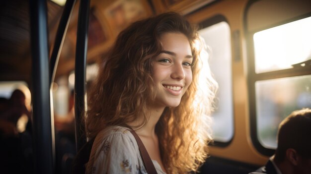 Jonge glimlachende vrouw terwijl ze met de openbare bus reist