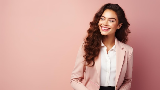 Jonge glimlachende zakenvrouw die zich voordeed op zachte kleur achtergrond