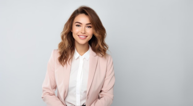 Jonge glimlachende zakenvrouw die zich voordeed op zachte kleurenachtergrond Generatieve AI