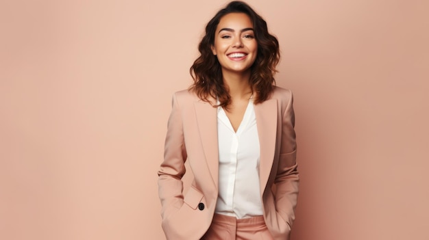 Jonge glimlachende zakenvrouw die zich voordeed op zachte kleurenachtergrond Generatieve AI