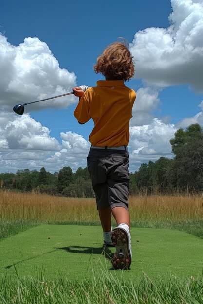 Jonge golfer zwaait op een baan