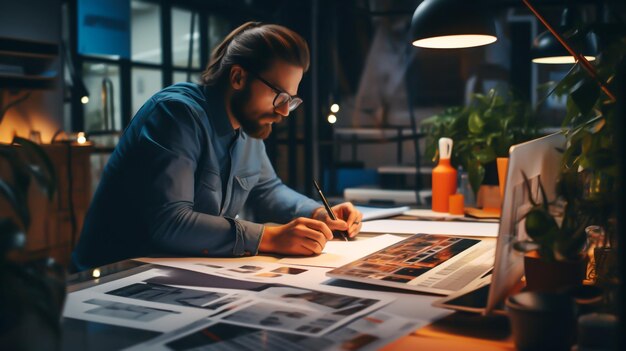 Foto jonge grafische ontwerper die in een kantoor werkt foto zijbeeld man die aan het bureau werkt gegenereerd door ai