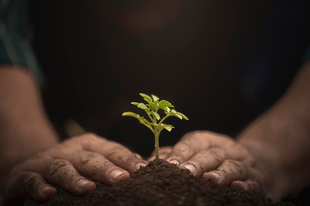 Foto jonge groeiende plant op grond die door boerenhand wordt vastgehouden