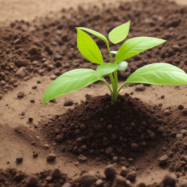 Jonge groene plant die in de bodem achtergrond groeit