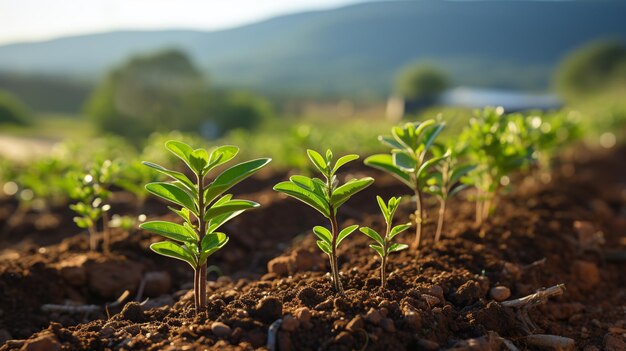 jonge groene planten groeien in de grond in de tuin