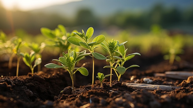 jonge groene planten groeien in de grond in de tuin