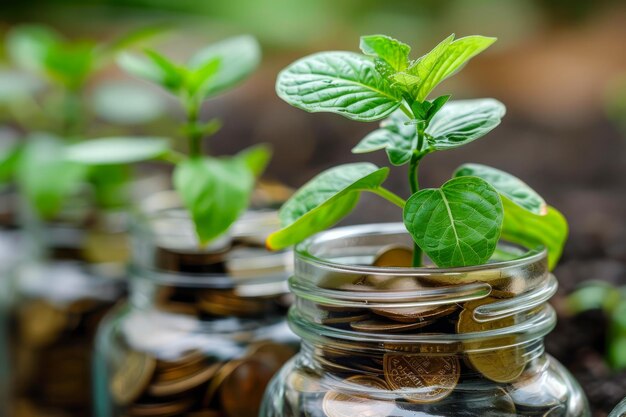 Jonge groene planten sproeien uit munten in glazen potten op een natuurlijke achtergrond die financieel symboliseren