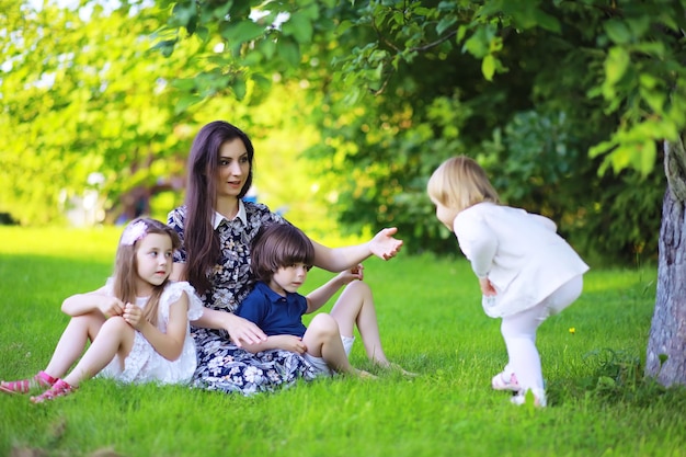 Jonge grote familie op een zomerse ochtendwandeling Mooie moeder met kinderen speelt in het park