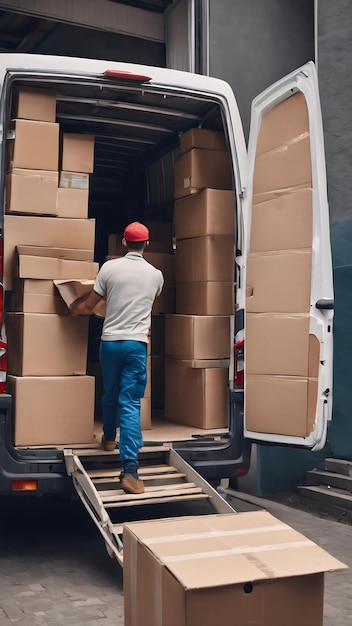 Jonge handwerker die kartonnen dozen uit een bestelwagen laadt