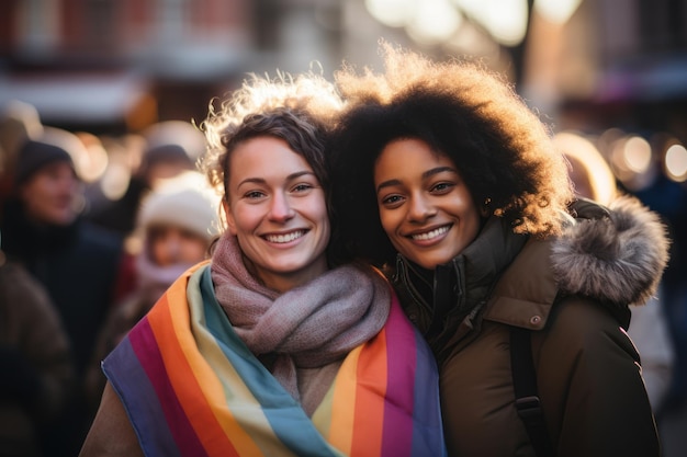 jonge homoseksuele meisjes die regenboogvlaggen voor mensen houden