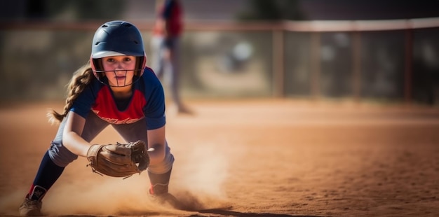 Jonge honkbalspeler die een softbalhandschoen vasthoudt tijdens een wedstrijd kopieerruimte AI gegenereerd