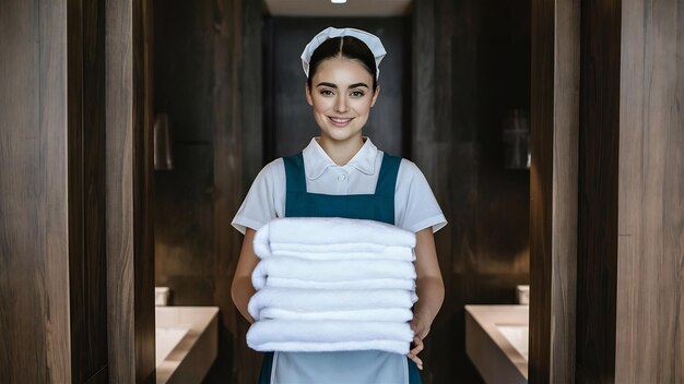 Jonge hotelmeisje die een stapel verse witte baddoeken legt.