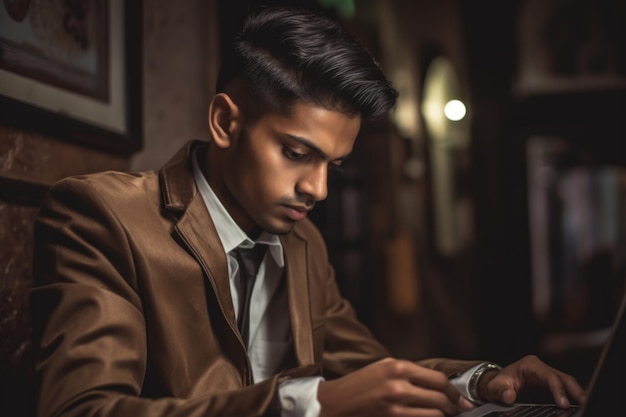 Jonge indiase man arabische zakenman kerel gebruiker werknemer freelancer met laptopcomputer die in café werkt