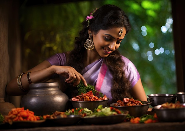 Jonge Indiase vrouw in traditionele kleren die een maaltijd bereidt in een restaurant