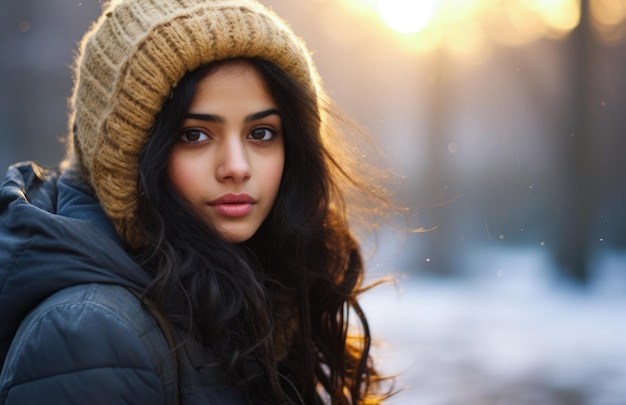 Jonge Indiase vrouw kijkt naar camera in een winters tafereel