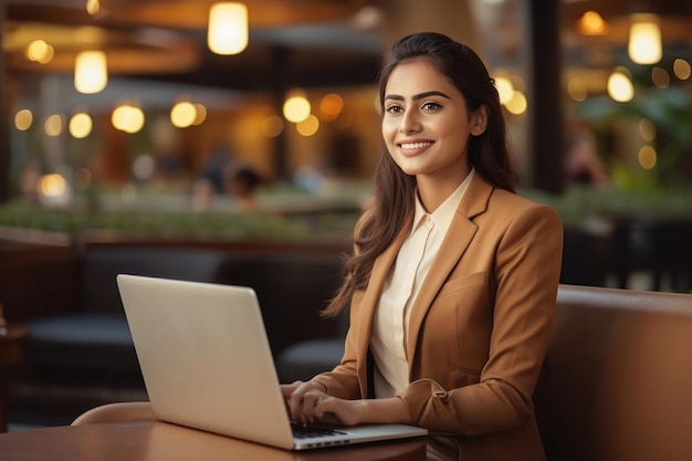 Jonge Indiase zakenvrouw of bedrijfsmedewerker die laptop gebruikt